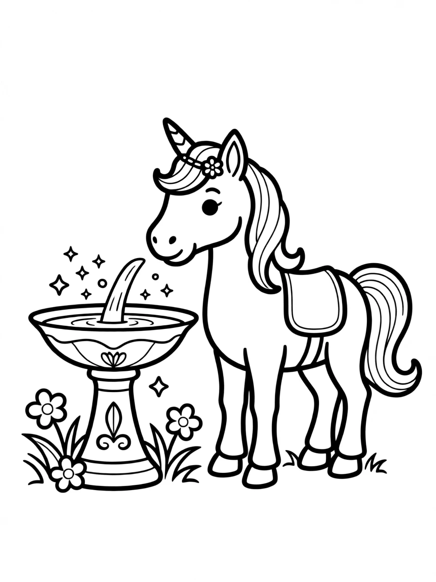 Unicorn by a magical wishing fountain