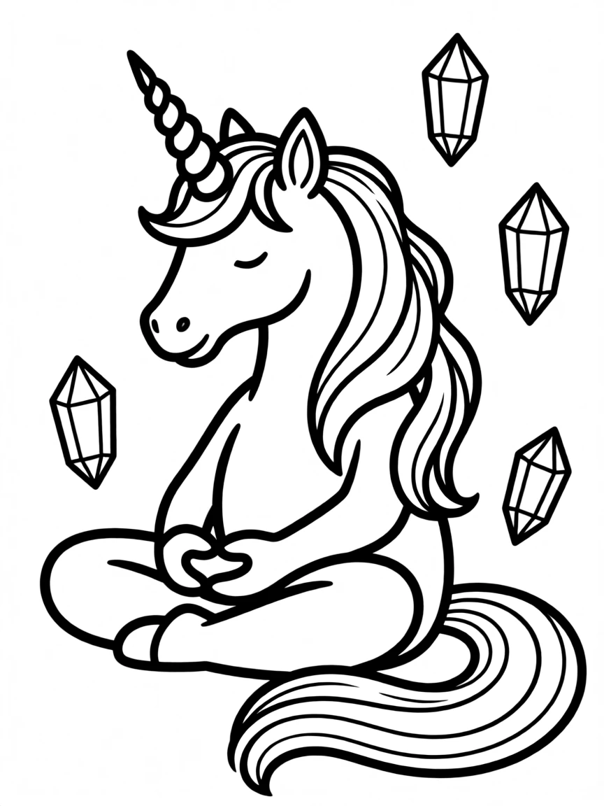 Unicorn in meditation with floating crystals