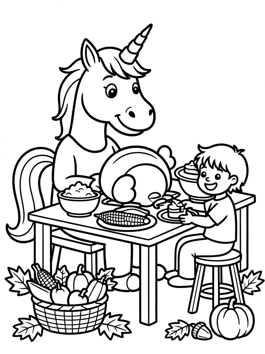 Thanksgiving unicorn sharing a feast