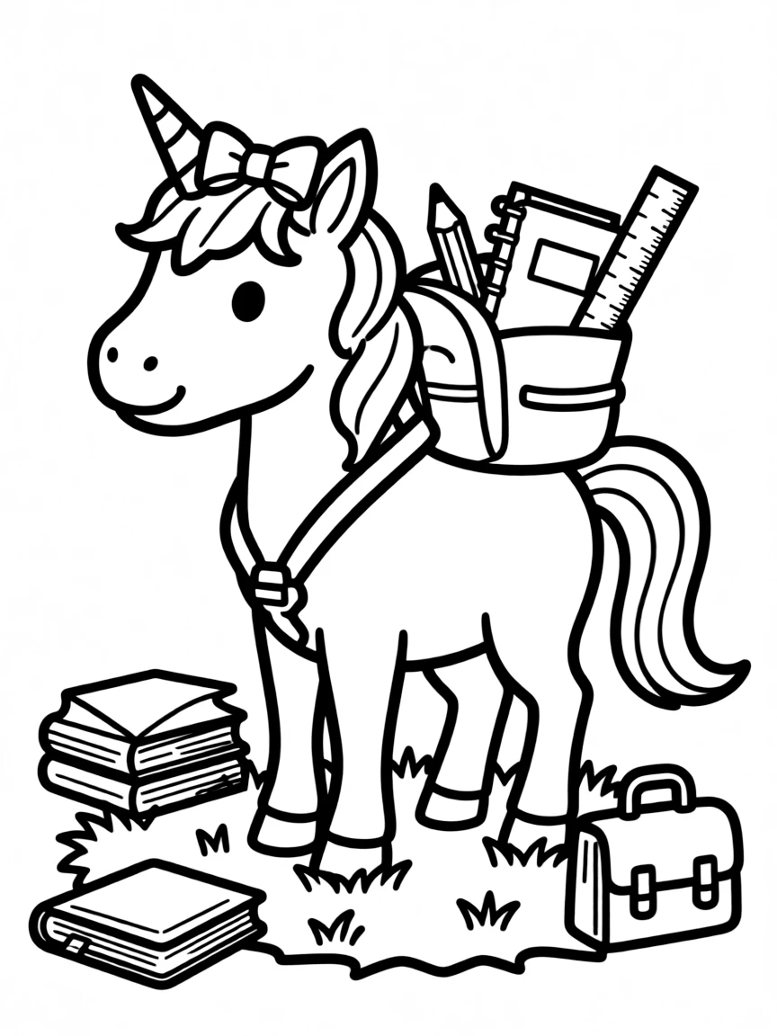 Back-to-school unicorn with supplies