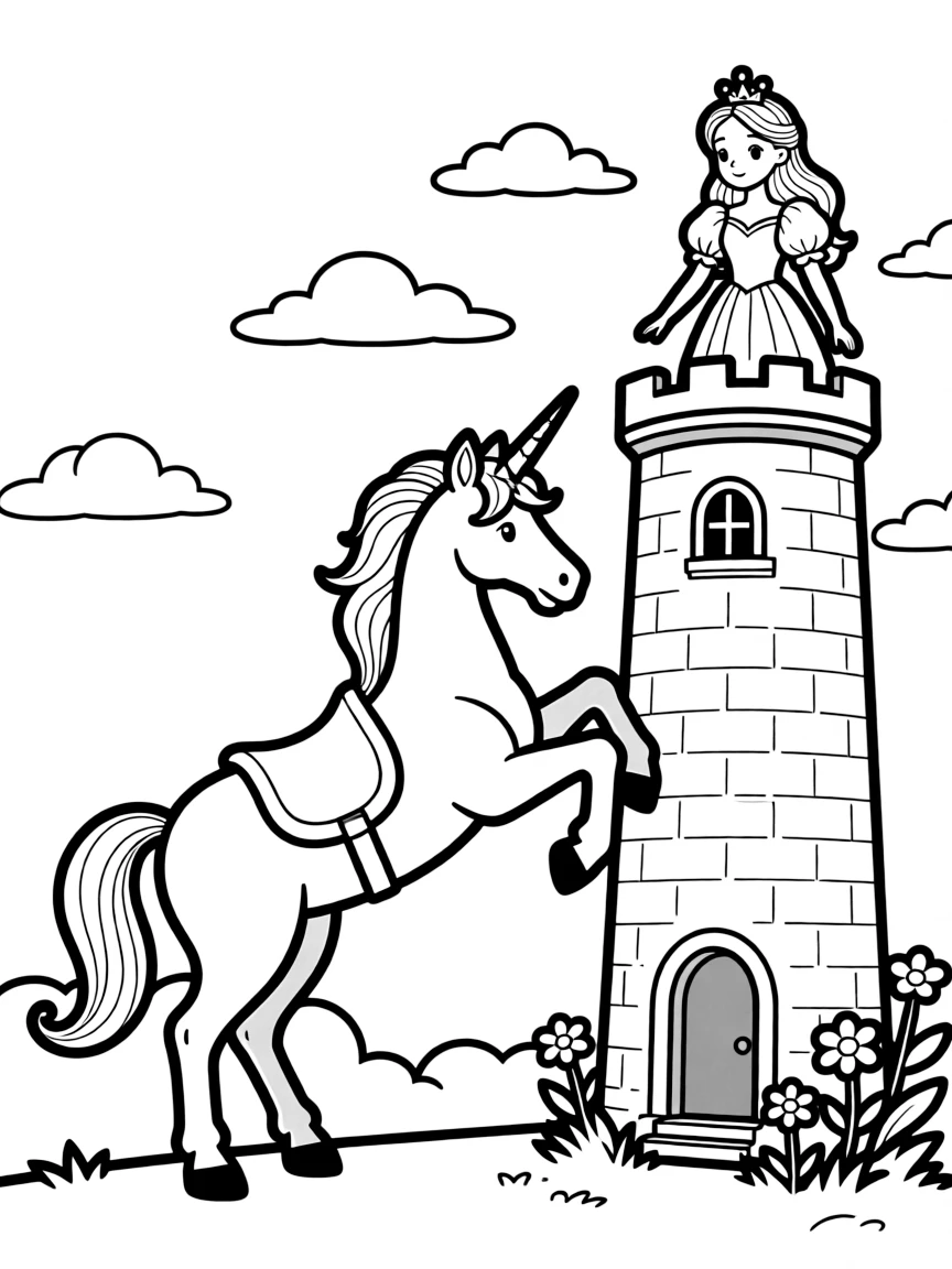 Unicorn saving a princess from a tower