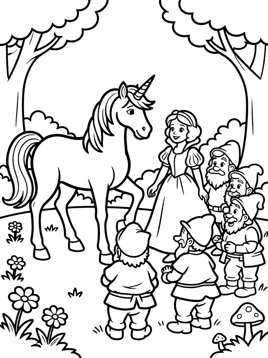 Unicorn meeting Snow White and the dwarfs