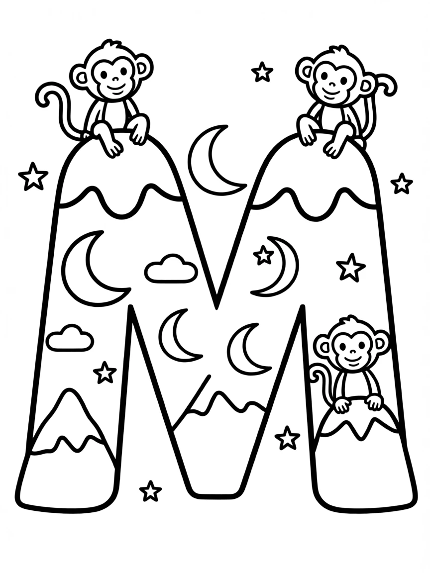 Letter M with monkeys, moons, and mountains creating its peaks and valleys