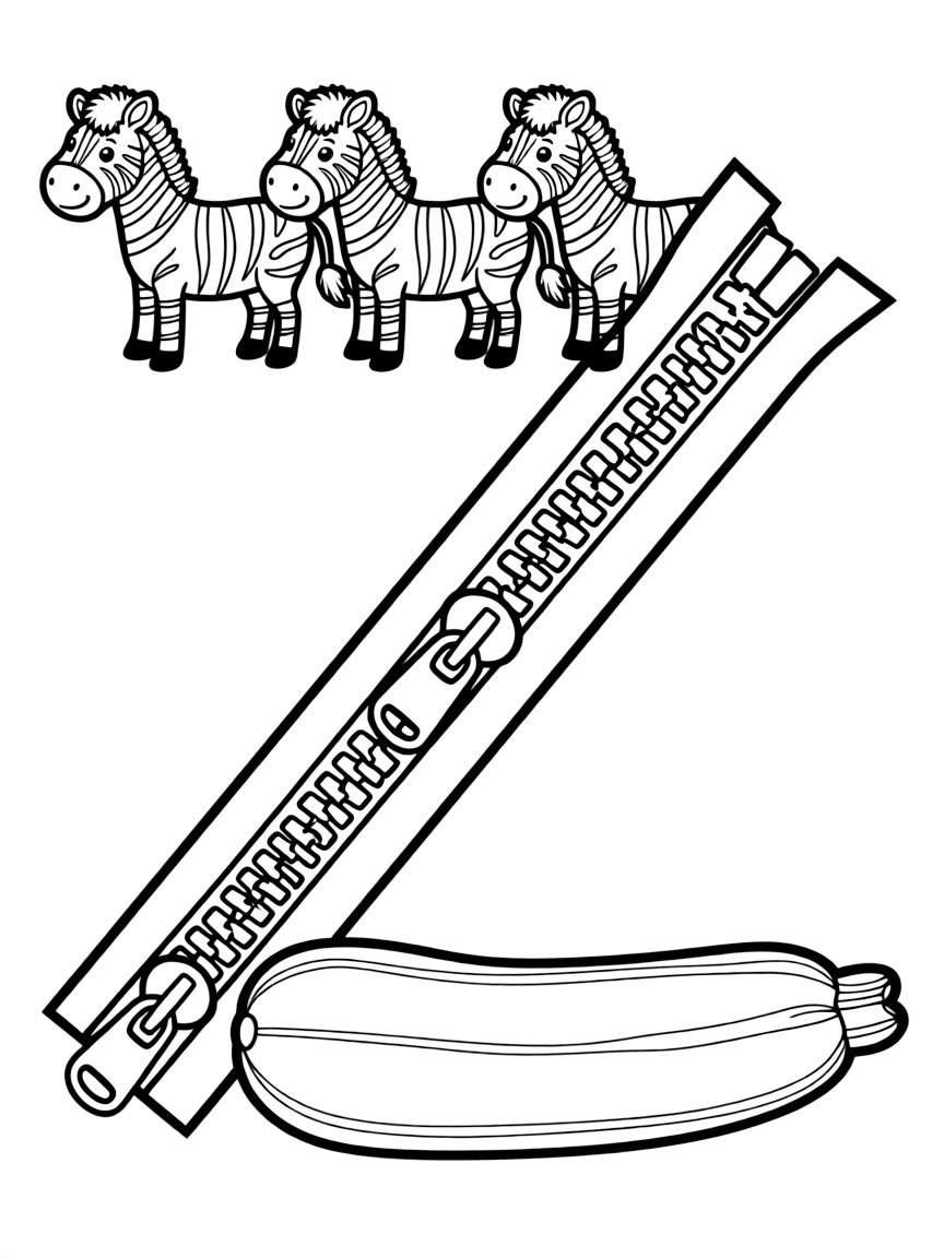 Letter Z formed by zebras, zippers, and zucchini in a zigzag pattern