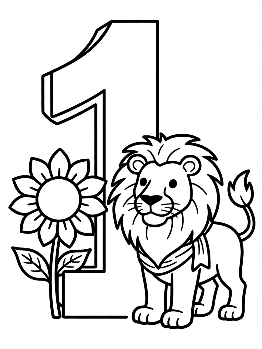 Number 1 standing tall with a single sunflower and a proud lion representing "first"