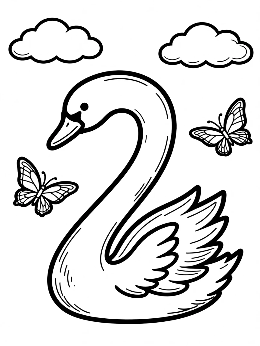 Number 2 shaped like a swan with two butterflies and two clouds nearby