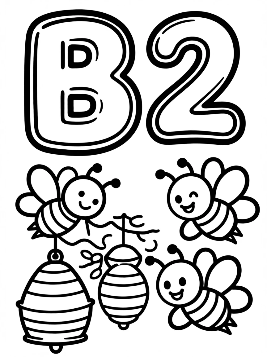 Letter B with the number 2, showing two bees buzzing around a beehive