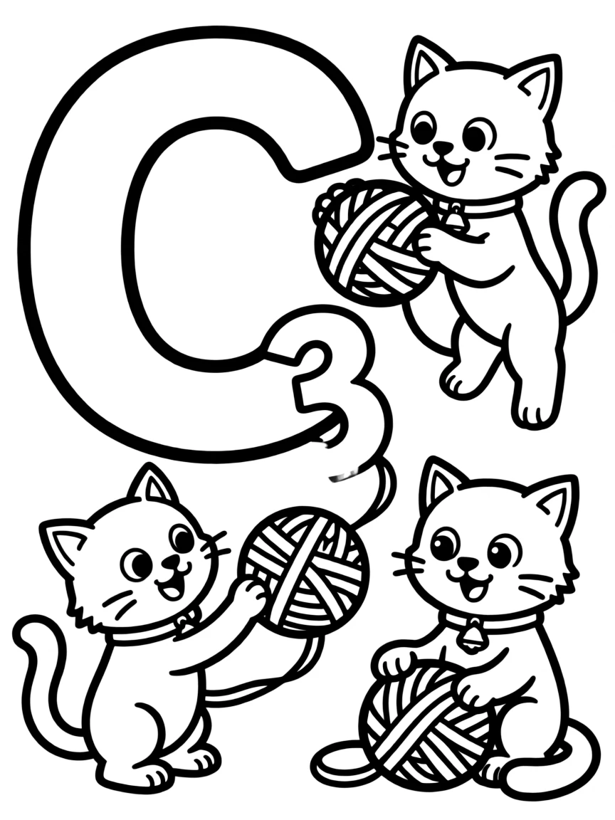 Letter C with the number 3, displaying three cats playing with yarn balls