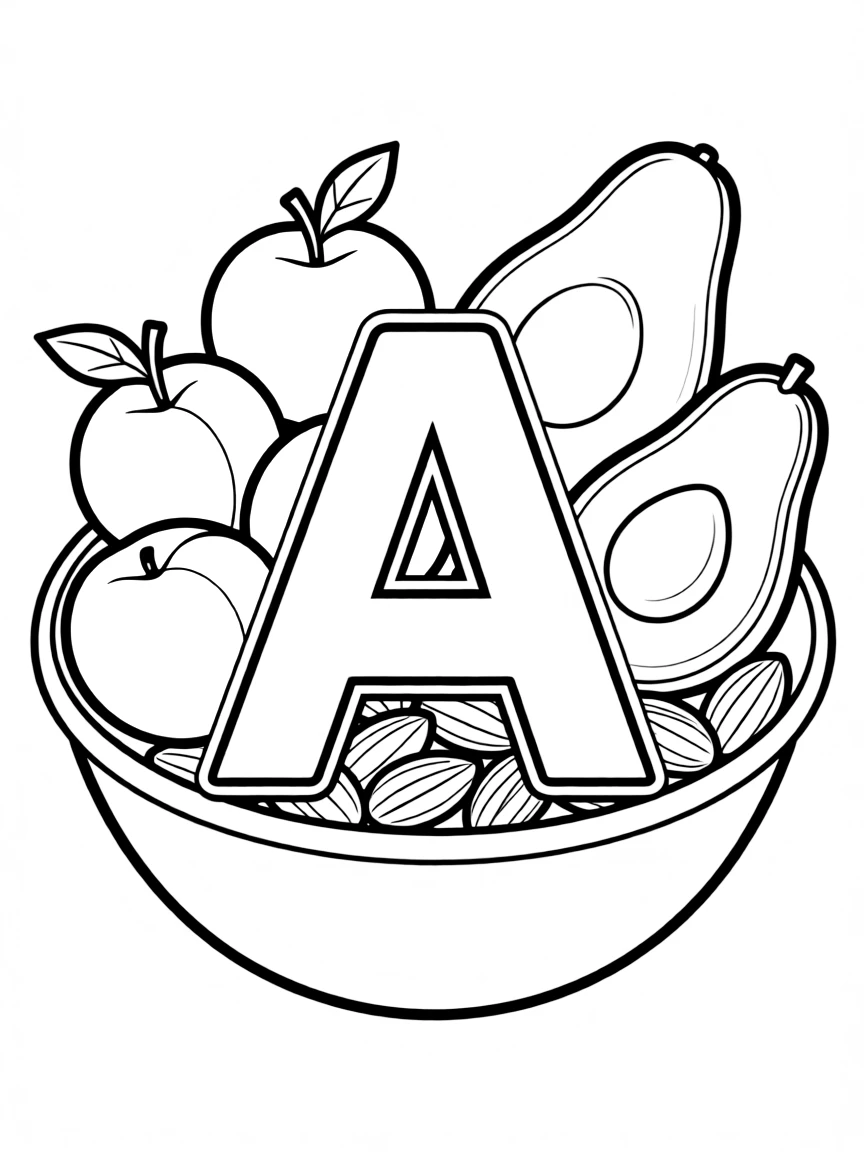 Letter A surrounded by apricots, avocados, and almonds in a fruit bowl design