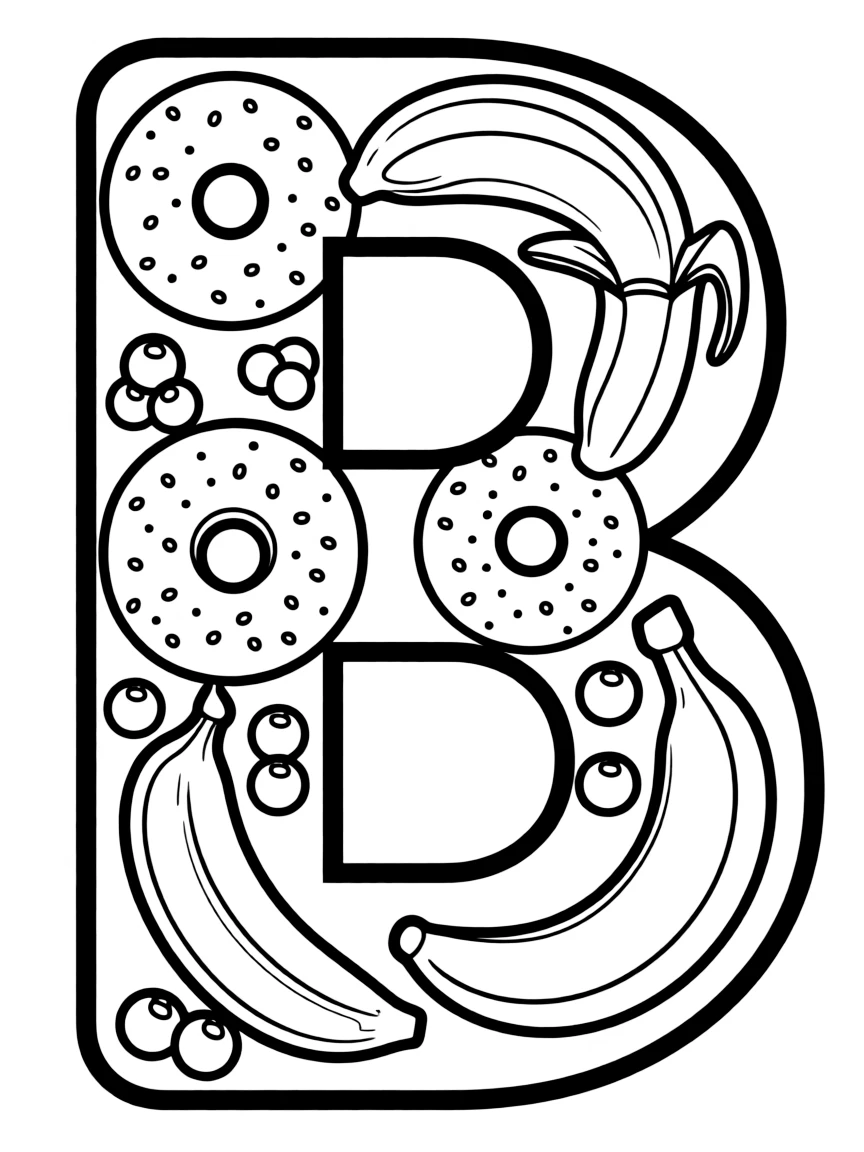 Letter B with bagels, bananas, and blueberries arranged in a breakfast scene