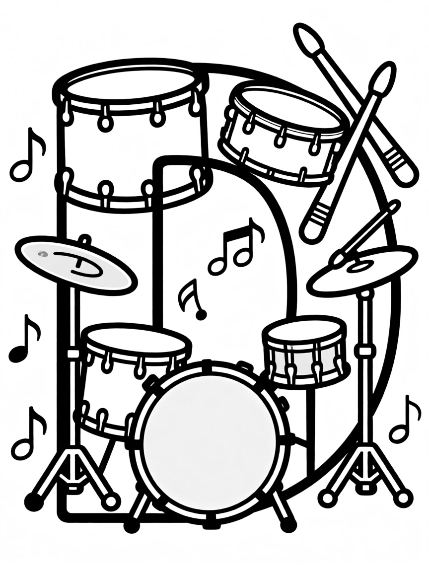 Letter D designed with drums, drumsticks, and dynamic notation