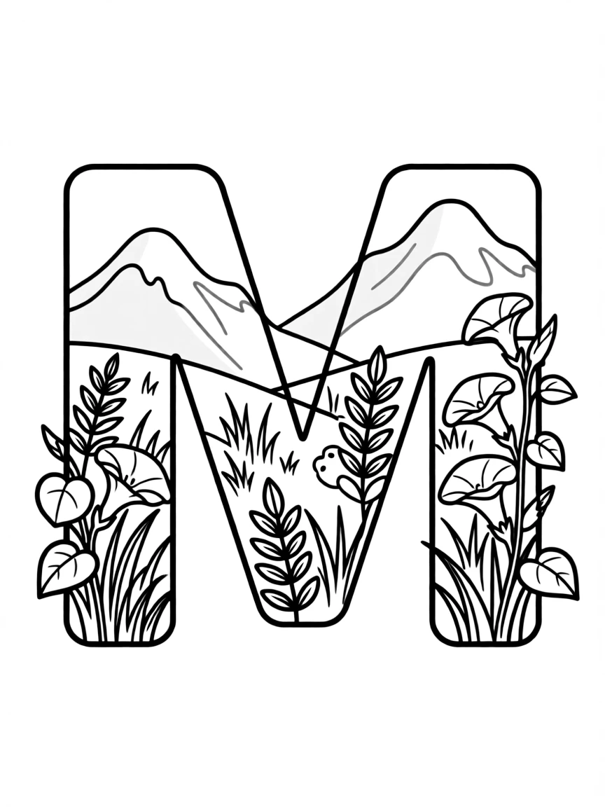 Letter M made of mountains, meadows, and morning glories