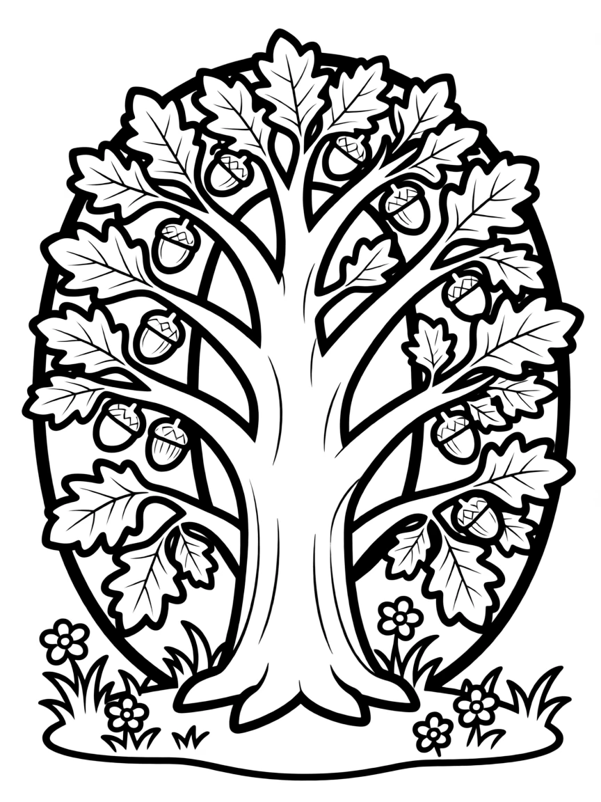 Letter O shaped like an oak tree with acorns and leaves