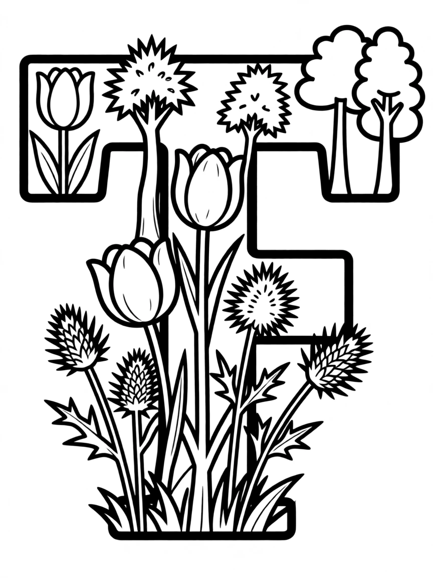 Letter T designed with tulips, thistles, and towering trees