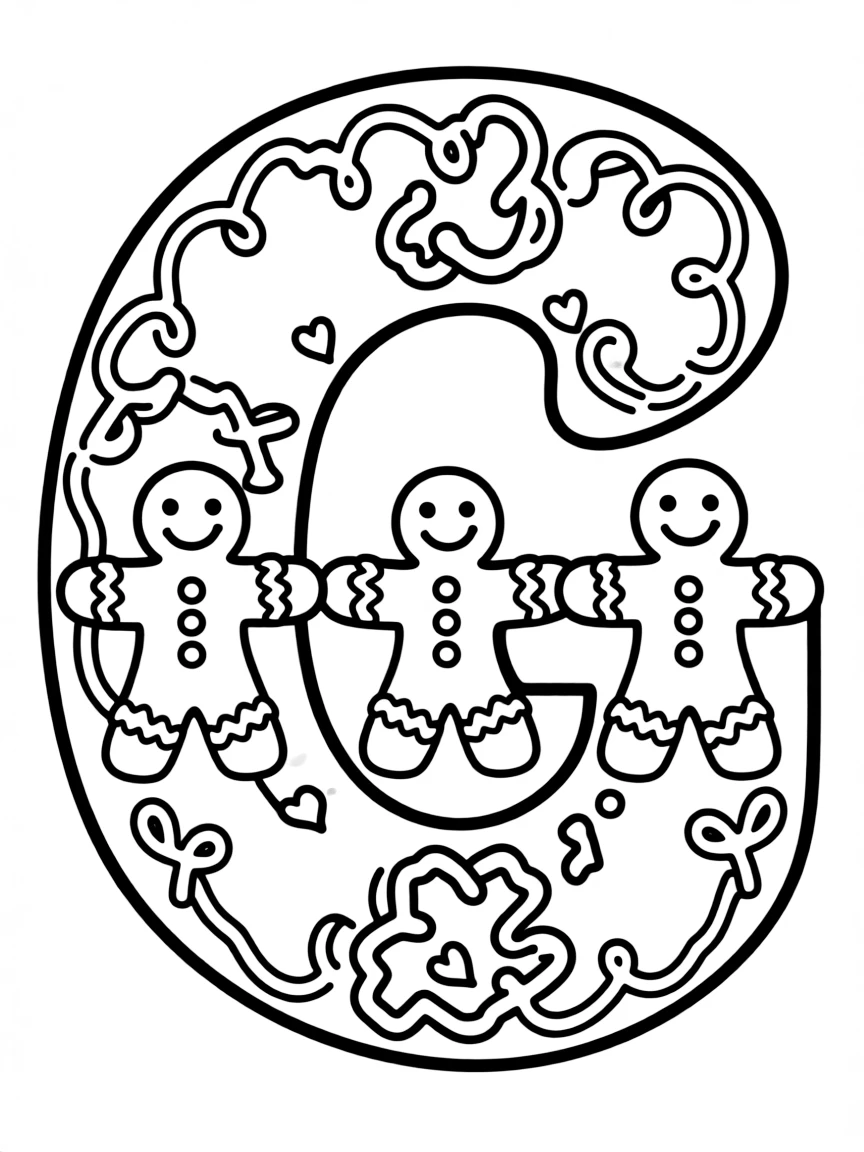Letter G and number 3 designed as three gingerbread people holding hands