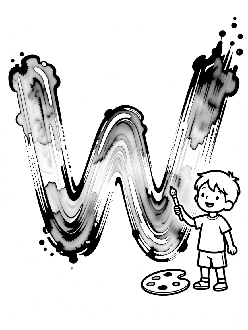 Letter W shaped like watercolor brushstrokes with wash techniques