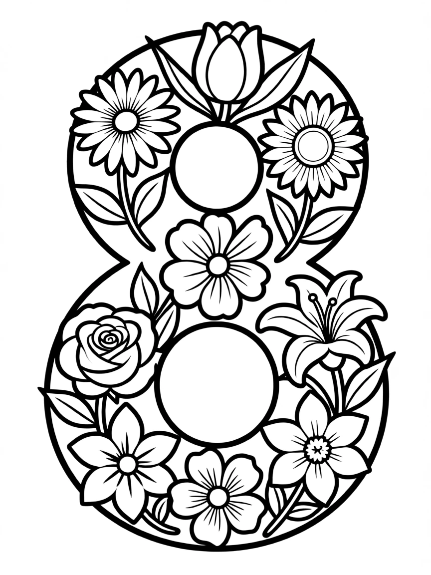 Number 8 shaped like a figure-eight of eight different flowers