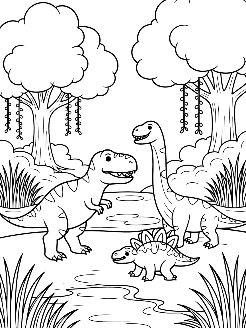 Dinosaurs navigating through a misty swamp