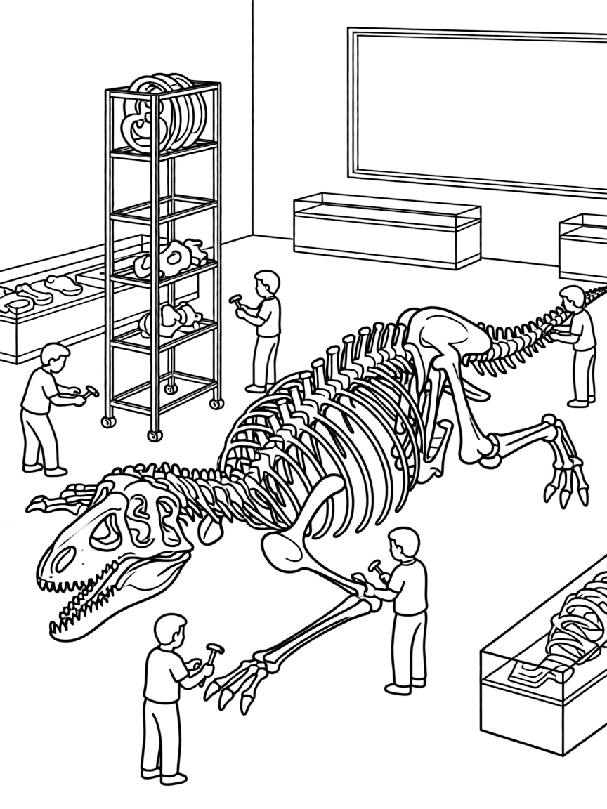 Dinosaur skeleton being assembled in a museum
