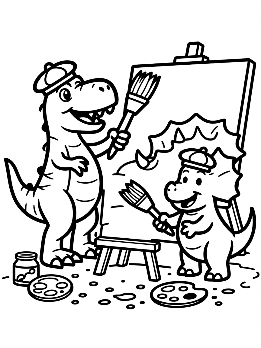 Dinosaurs painting a masterpiece