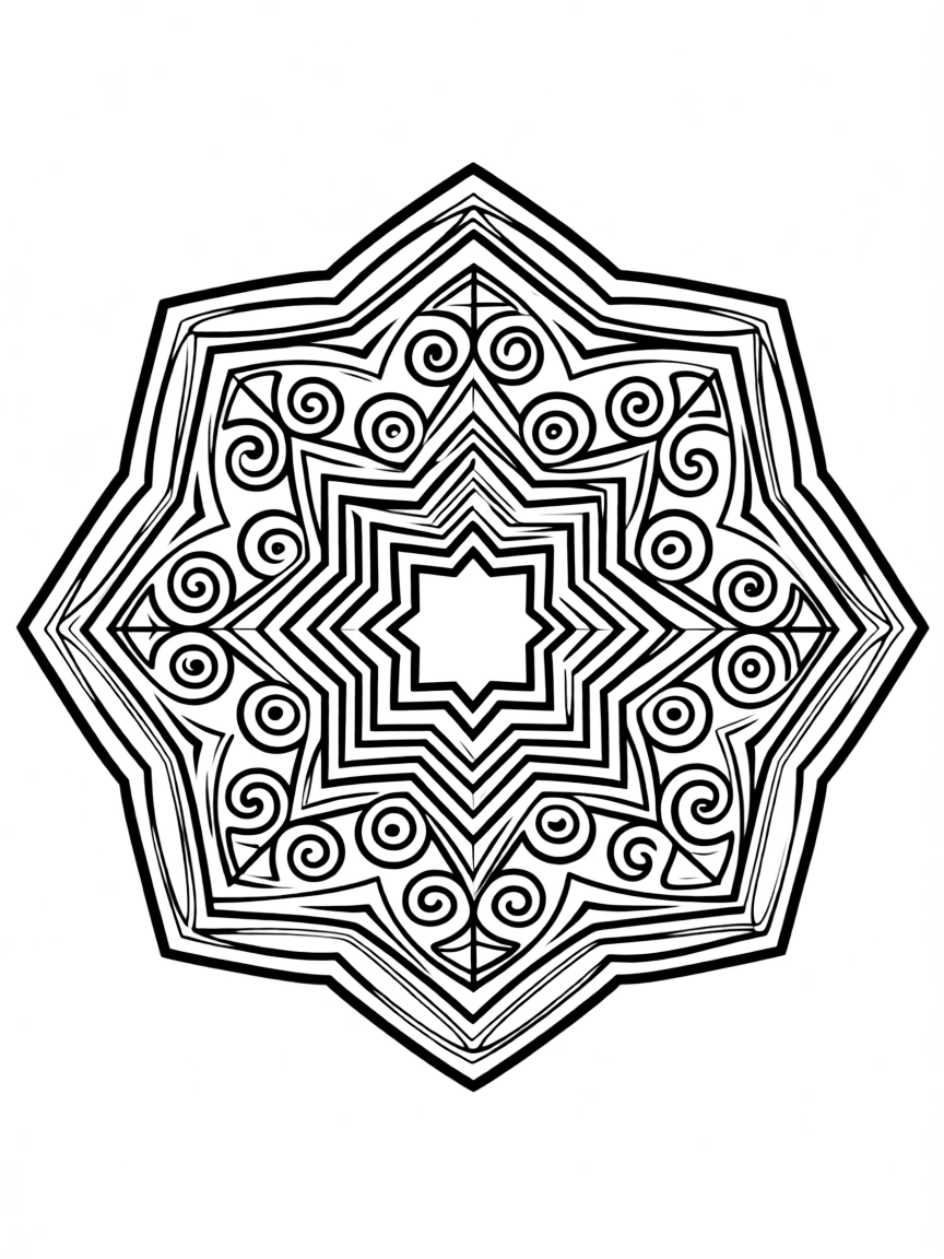 Hexagonal mandala with alternating straight and curved lines