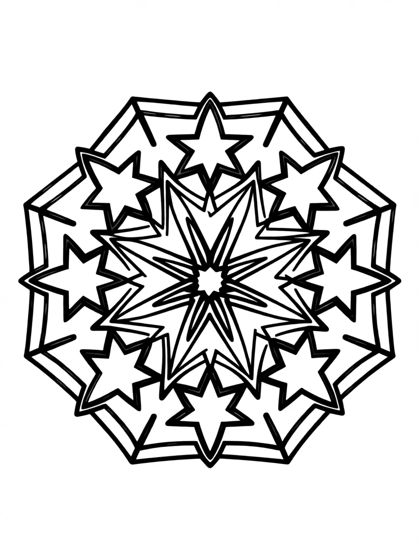 Octagonal mandala with symmetrical star patterns radiating from the center