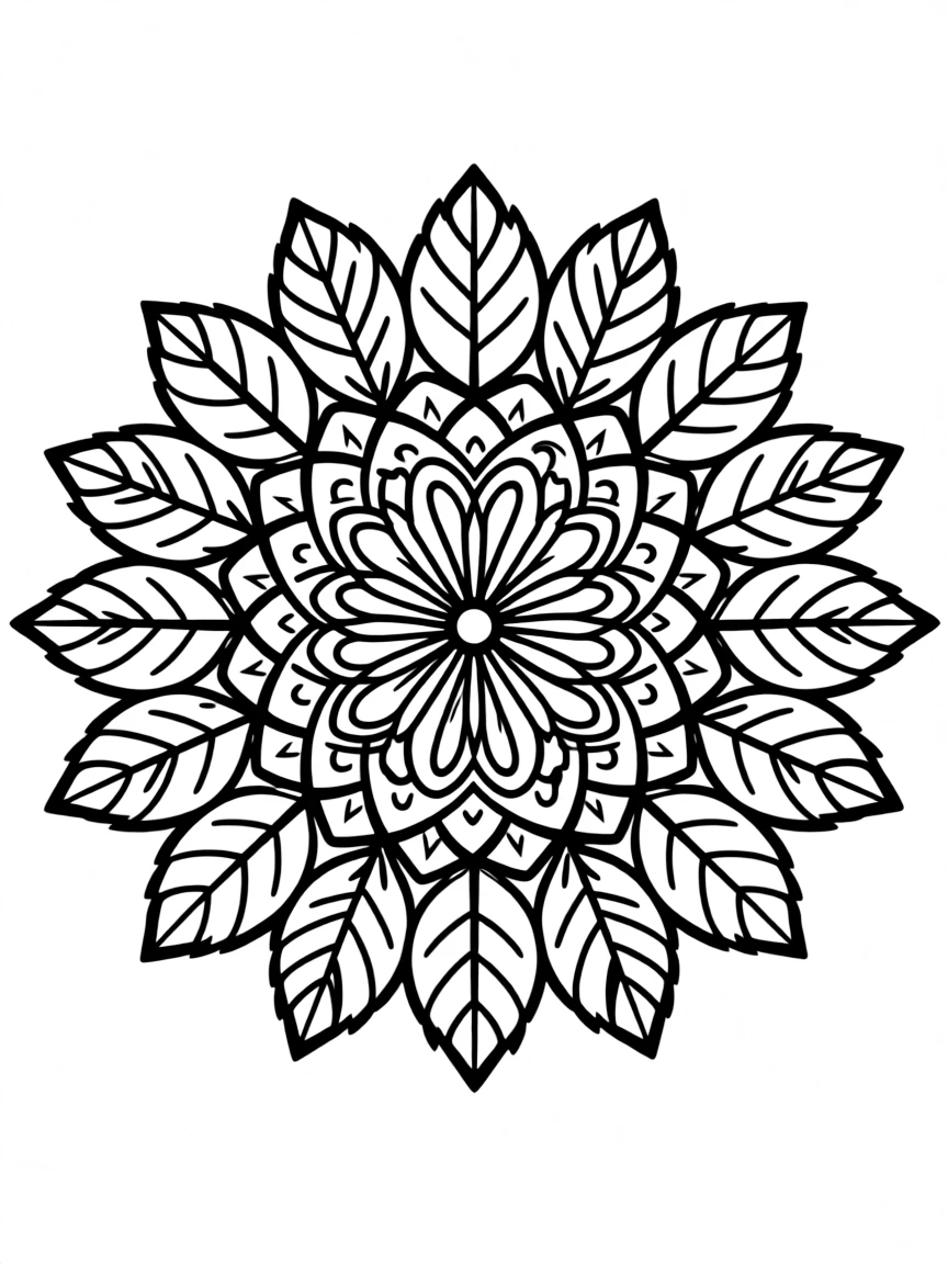 Leaf-pattern mandala with symmetrical frond designs