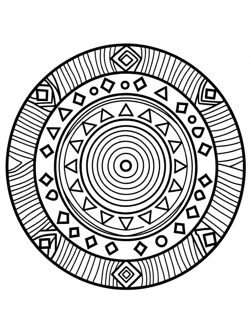 Tree ring mandala with concentric circular patterns and geometric elements