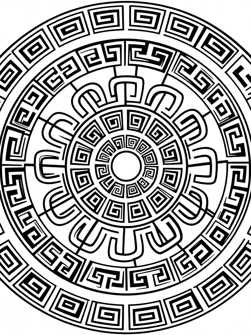 Greek key pattern mandala with meander motifs arranged radially