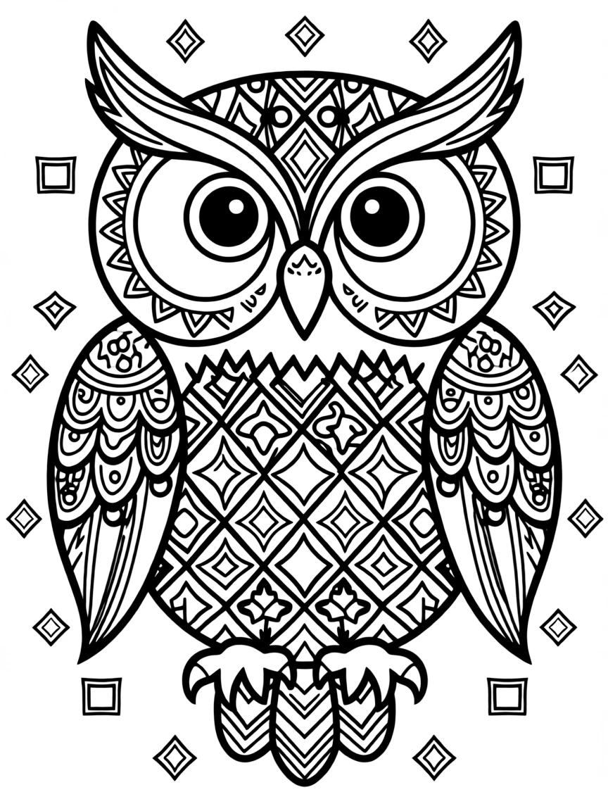 Owl mandala with symmetrical geometric features and wise eyes
