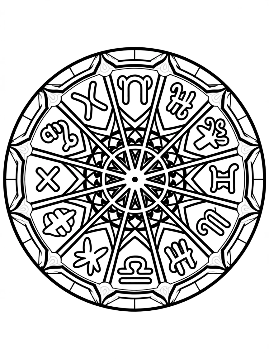 Zodiac wheel mandala with twelve equal geometric sections