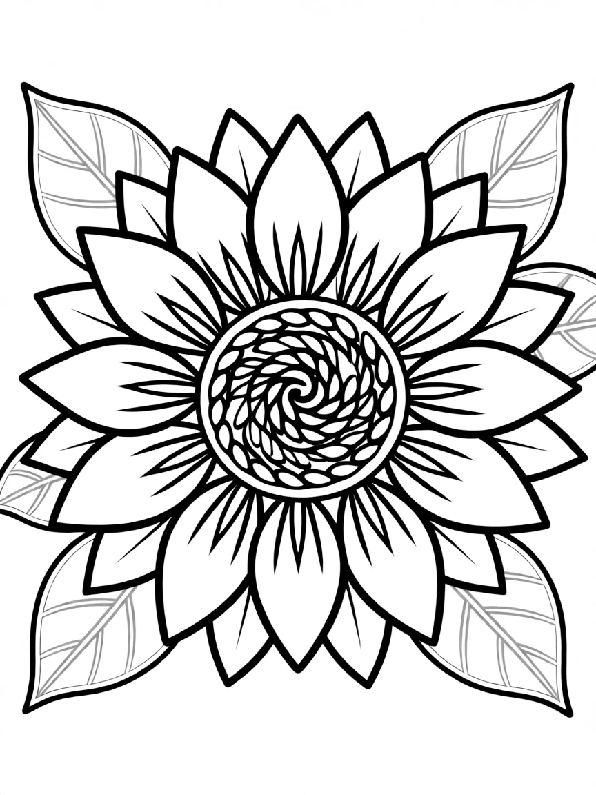 Sunflower mandala with Fibonacci spiral seed pattern
