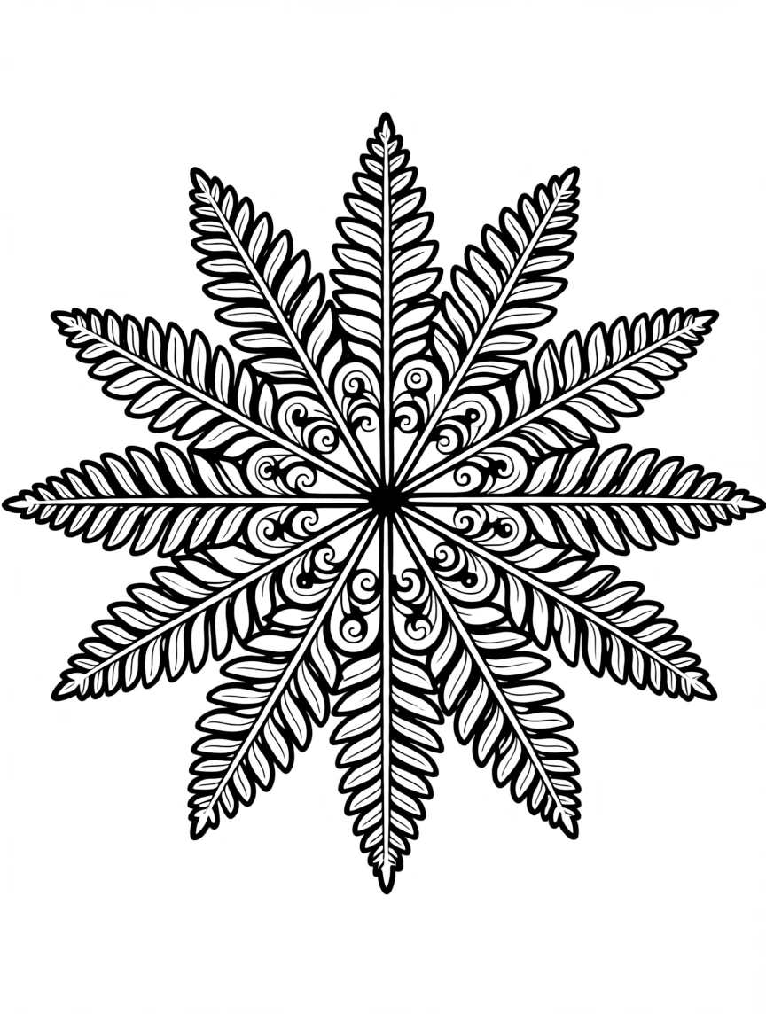Fern mandala with fractal frond geometry in radial arrangement