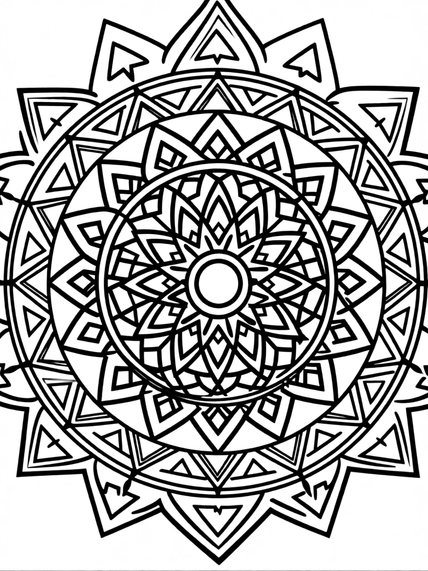 Mandala with geometric pattern density increasing toward the center