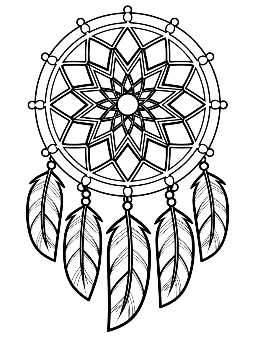 Dreamcatcher mandala with geometric web patterns and feather elements