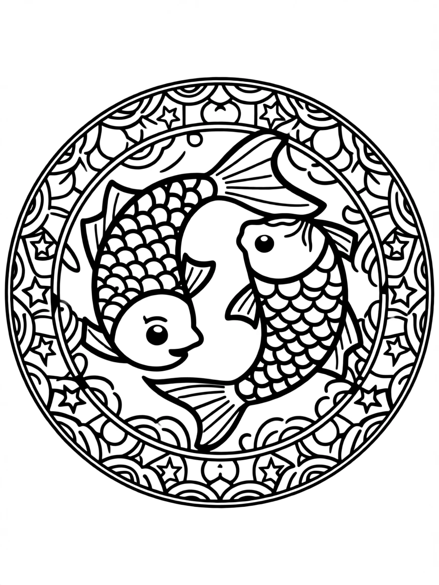 Pisces mandala with fish geometric mirror patterns