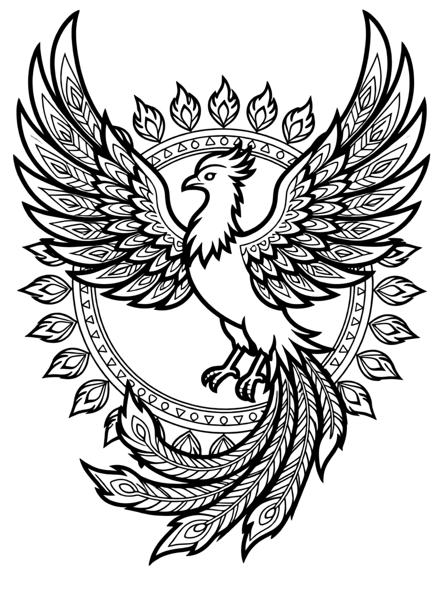 Phoenix mandala with flame feather geometric patterns