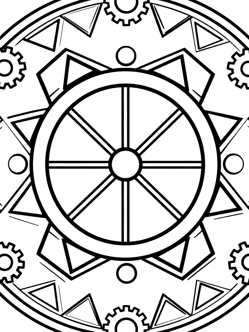 Primitive wheel mandala with early engineering geometry