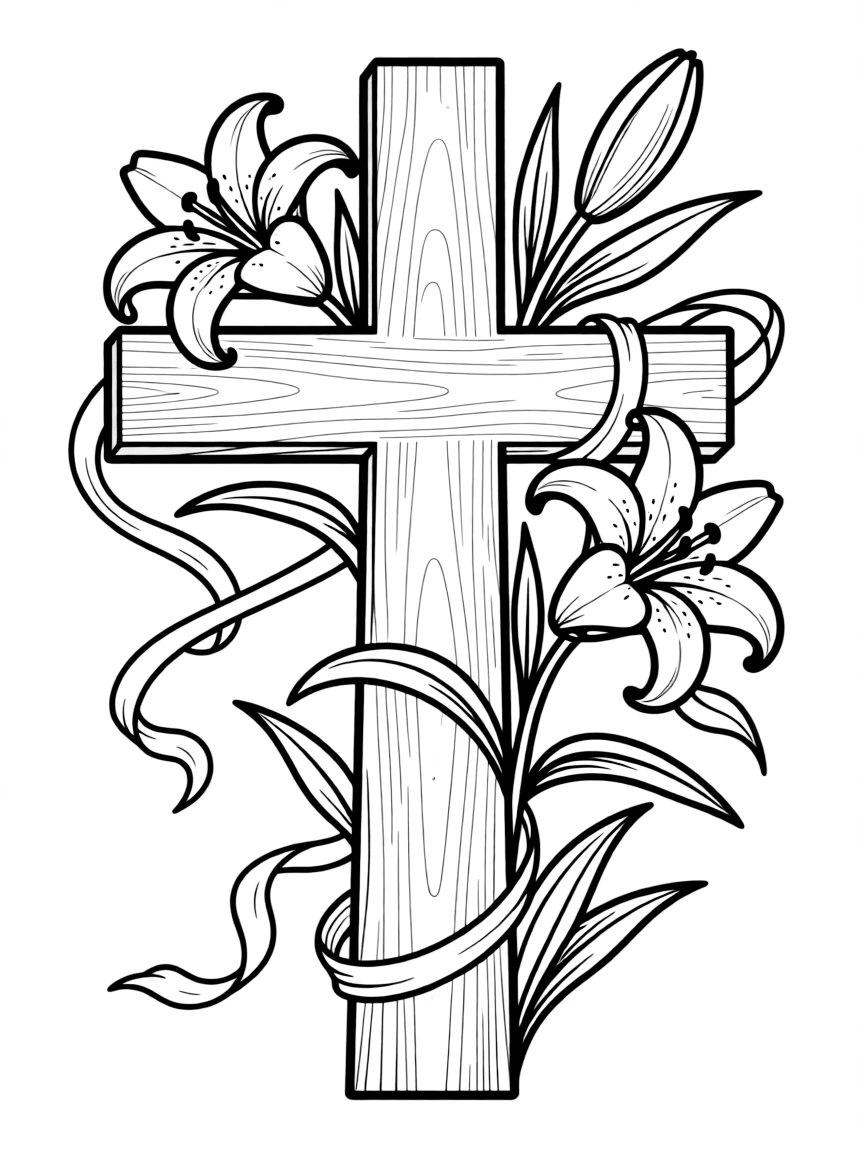 Wooden cross adorned with Easter lilies and flowing ribbons