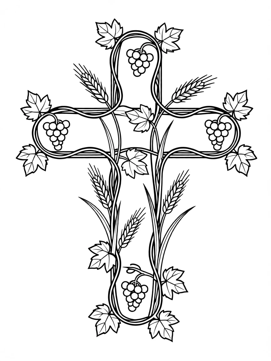 Cross made of intertwined grape vines and wheat stalks symbolizing communion