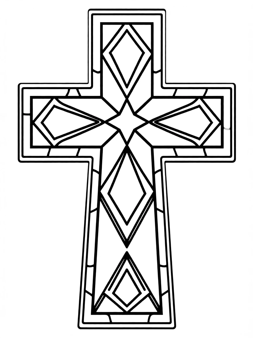 Stained glass style cross with geometric patterns in multiple sections
