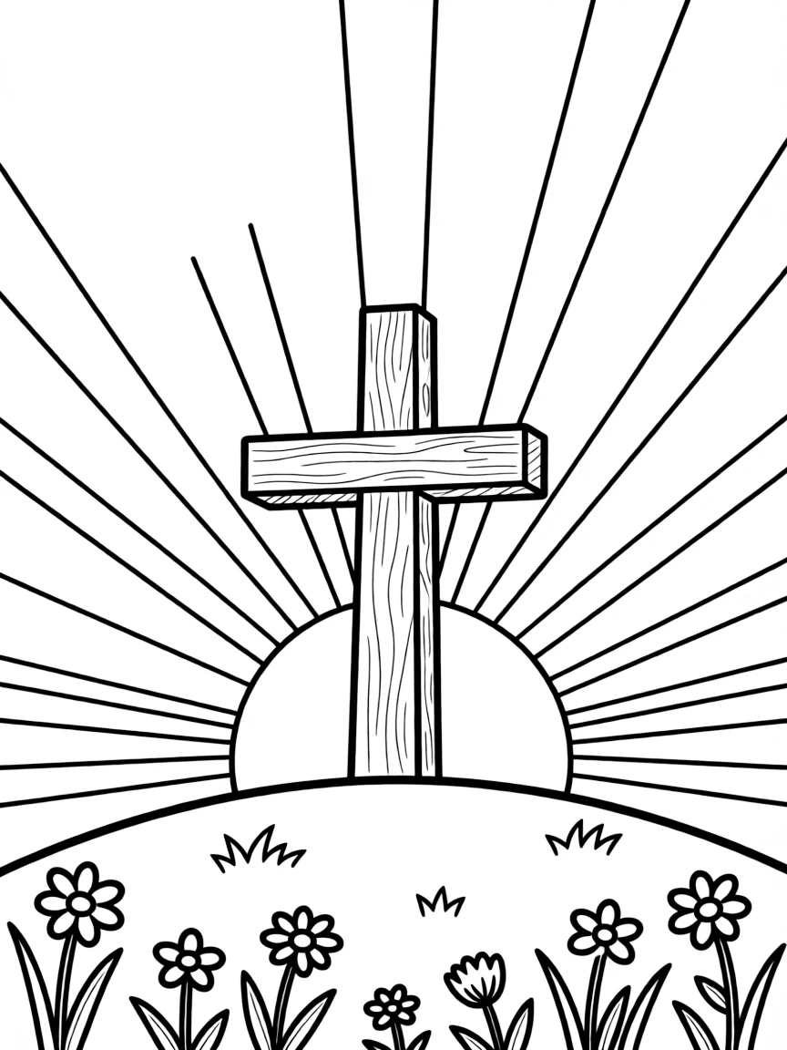 Cross on a hill at sunset with rays of light emanating outward