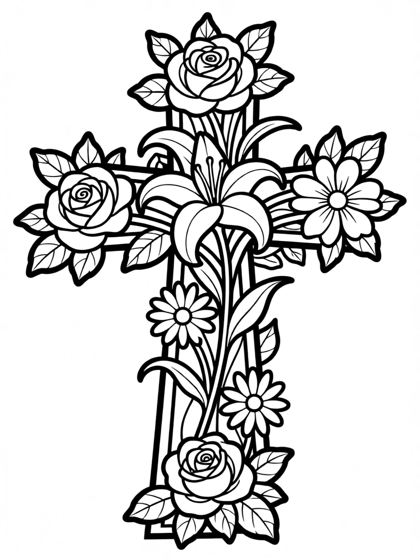 Floral cross with roses, lilies, and daisies woven throughout