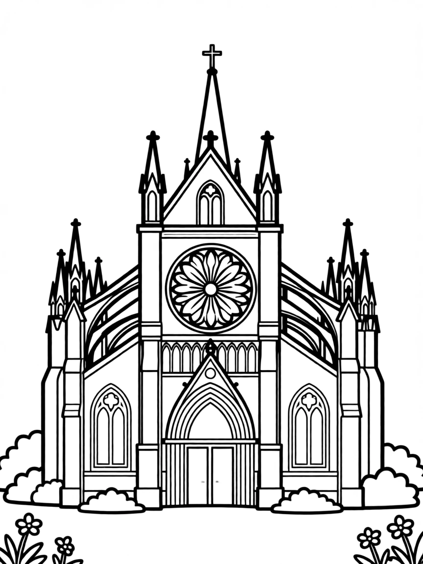 Gothic cathedral with detailed flying buttresses and elaborate rose window