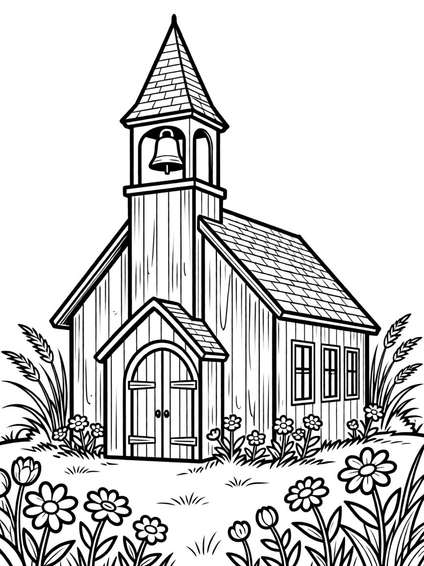 Rustic country church with bell tower and surrounding wildflowers