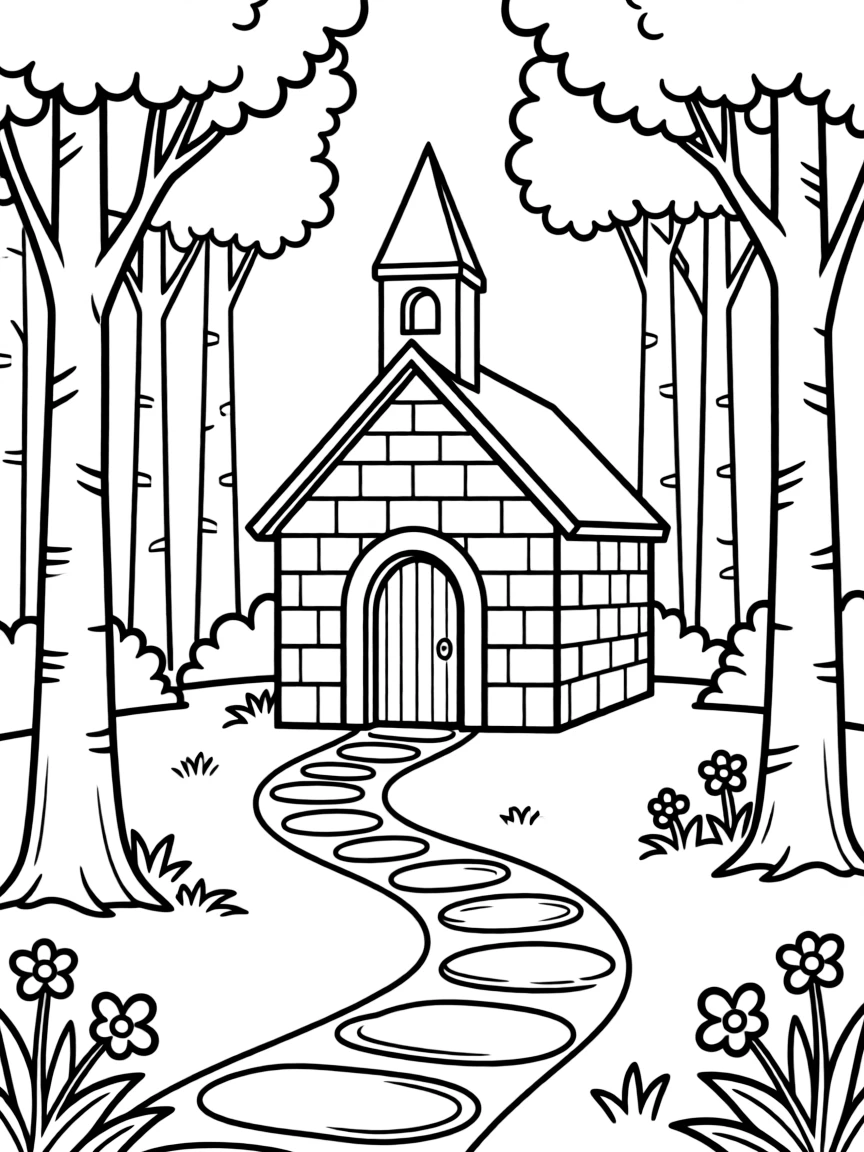 Stone chapel nestled in a forest clearing with path leading to entrance