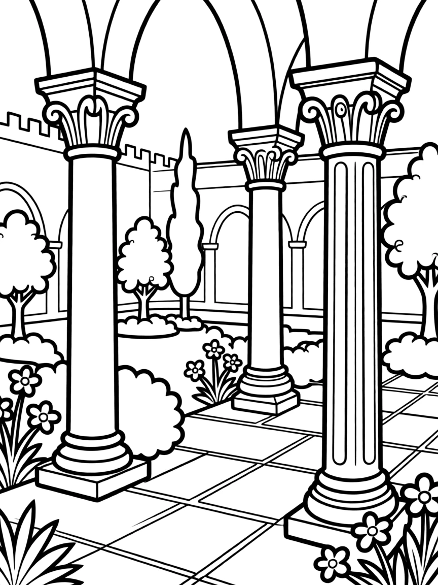 Medieval monastery courtyard with decorative columns and garden elements