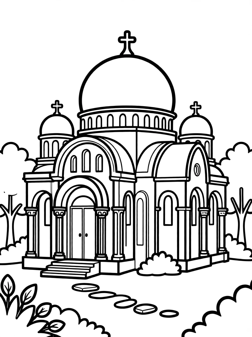 Byzantine church with characteristic domes and arches