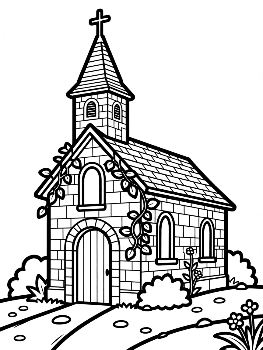 Small village church with detailed stonework and ivy climbing the walls