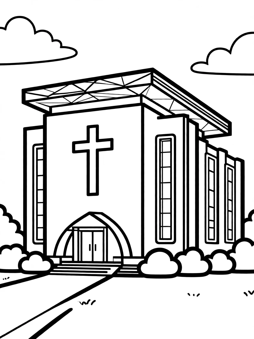 Modern church with geometric architectural elements and cross feature